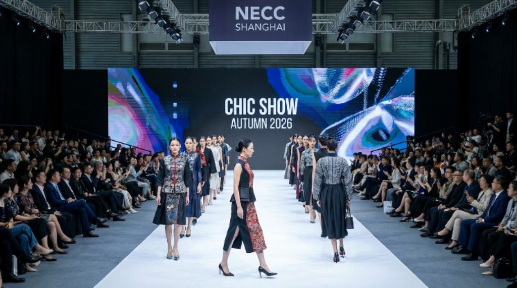 Models presenting contemporary Chinese fusion fashion collections on the CHIC SHOW runway stage during the autumn 2026 edition of Asia's largest fashion trade fair at NECC Shanghai