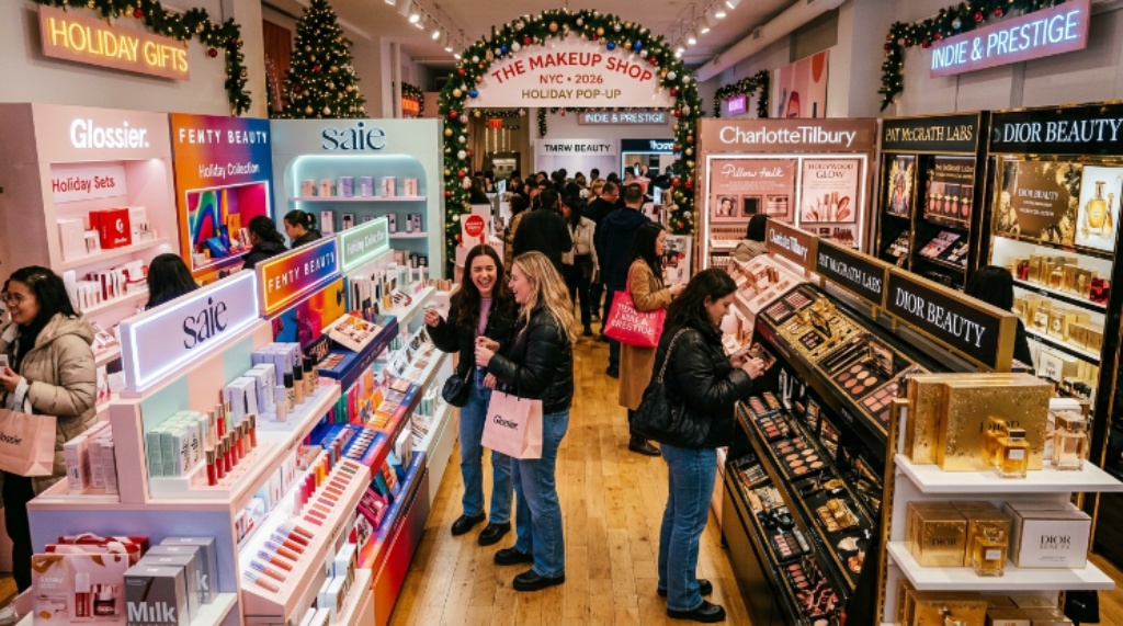 Colorful display of indie and prestige beauty brands and products available at The Makeup Shop NYC 2026 holiday pop-up