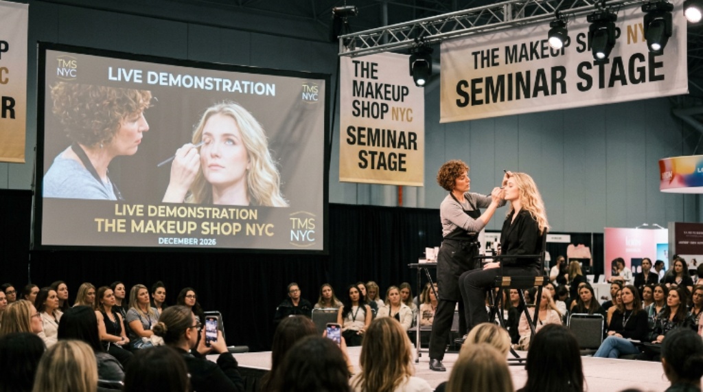 Live makeup demonstration on the seminar stage at The Makeup Shop NYC December 2026 event in New York City