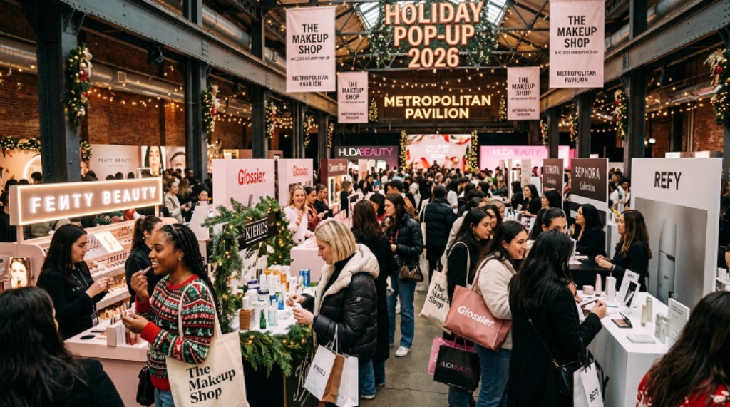 Beauty shoppers browsing makeup and skincare brands at The Makeup Shop NYC 2026 holiday pop-up event at Metropolitan Pavilion