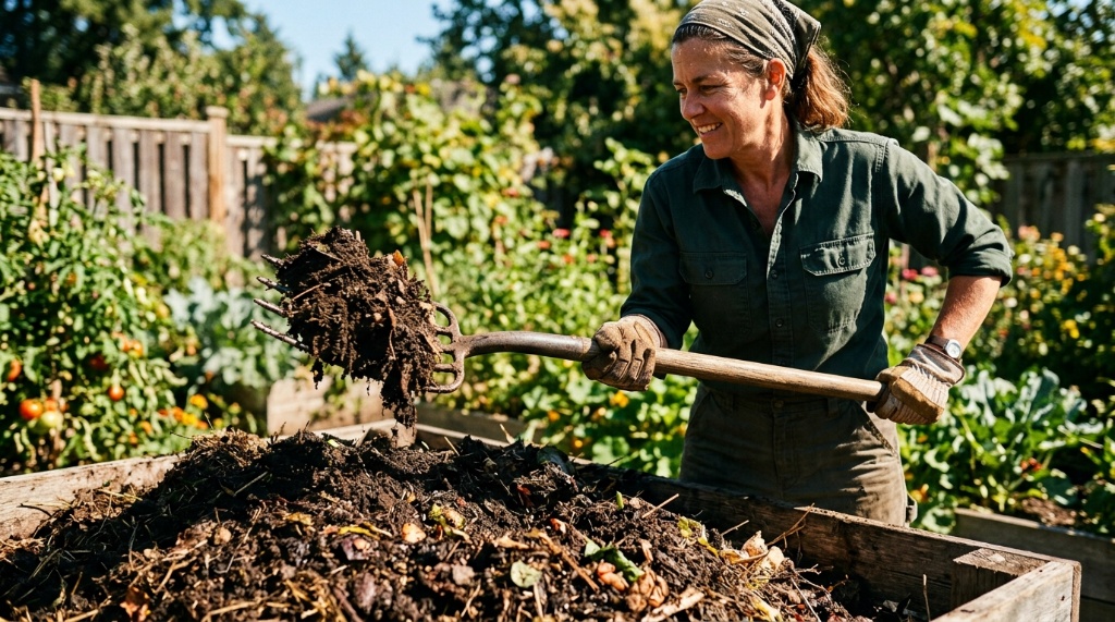 Gardener turning organic compost material with a pitchfork in sunlight.